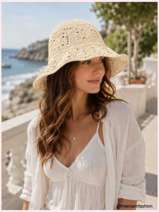 Women Straw Sun Hat Floral Woven Crochet Bucket Hat Y2K Beach Accessories